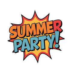 Naklejka premium Colorful comic book style Summer Party! text explosion isolated on a white background.