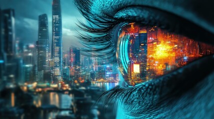 Cityscape reflected in eye futuristic urban vision concept design