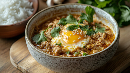 Whisking Eggs with Warm Chicken Stock for Flavorful Dish with Garnish and Side of Rice
