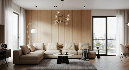 Fototapeta premium Serene Modern Living Room: A calming beige sectional sofa rests invitingly against a warm wood-paneled wall, bathed in soft natural light streaming through large windows.