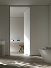 Minimalist bathroom design featuring an open doorway light wood flooring and a modern bright aesthetic.