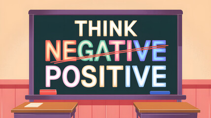 Obraz premium School chalkboard with Think Positive message Negative crossed out with desks and eraser.