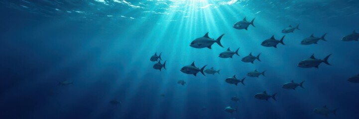 Fototapeta premium Dark blue ocean surface reflected in a school of fish, marine life, coral reef