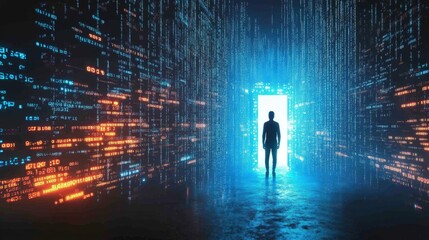 Man entering digital future metaverse data stream technology portal
