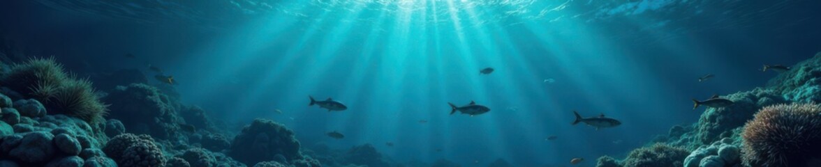 Dark blue ocean surface with scattered fish and seaweed, reflection, blue
