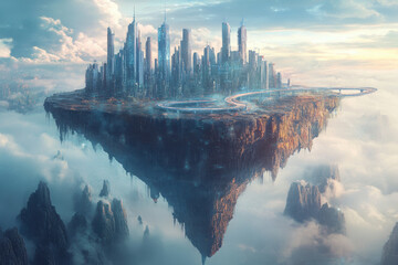 Futuristic city floating in sky. Tall buildings with LED lights. Hover cars zooming. Holographic advertisements. Sci-fi metropolis high above clouds.