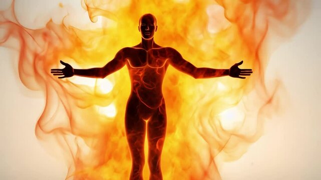 Enveloped in Flames: A person stands with arms outstretched, embraced by the fiery energy, which might symbolize transformation, passion, and the indomitable spirit of humanity