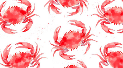 Seamless pattern with red crab in watercolor style on white background
