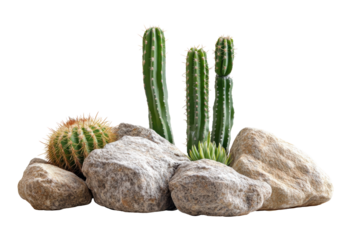 Cacti arrangement surrounded by smooth rocks in natural setup, cut out