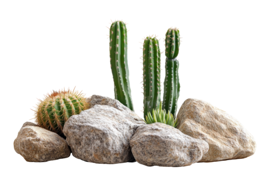 Cacti arrangement surrounded by smooth rocks in natural setup, cut out