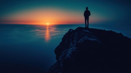 Fototapeta premium Solitary Figure on Rocky Coastline Watching Vibrant Sunset over Calm Ocean Waters in Tranquil Atmosphere