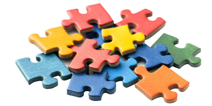 Colorful puzzle pieces scattered on a white surface, cut out
