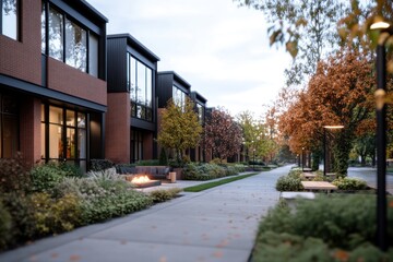 Modern townhouses on pathway with autumn trees