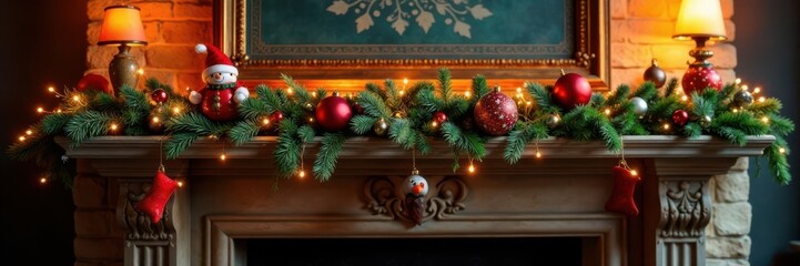 Decorated mantel with festive Christmas ornaments and garlands, evergreen branches, winter wonderland