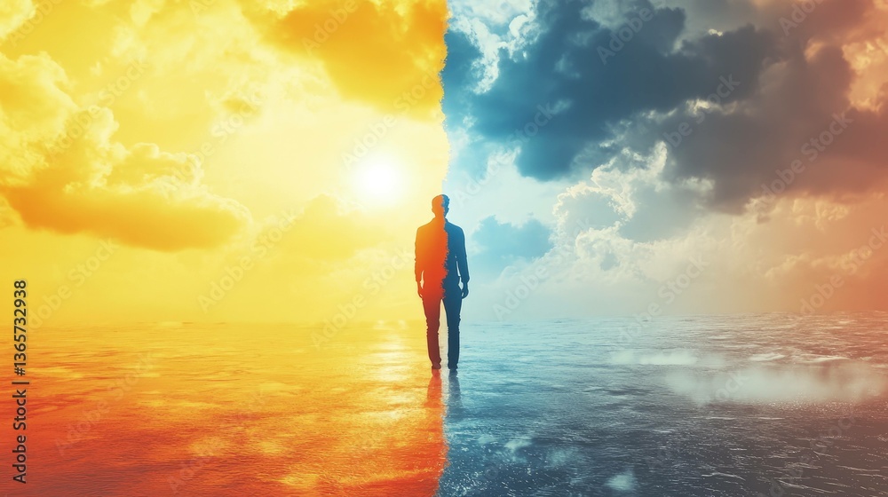 Wall mural man walking between two worlds concept art climate change and choices