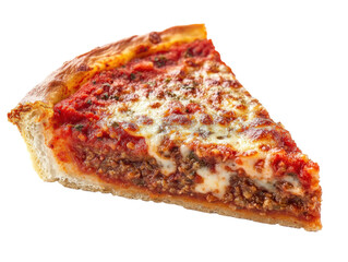 Delicious slice of savory pizza with meat topping and cheese, cut out