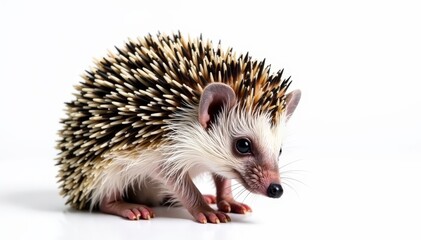 Obraz premium Tiny hedgehog, curled in self-defense, isolated on pure white background, animal, spiny