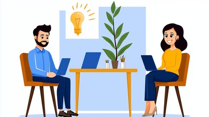 Two Young Professionals Working Collaboratively at a Bright Modern Office Desk with Laptops