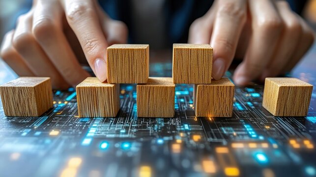 Hands arranging wooden blocks on circuit board