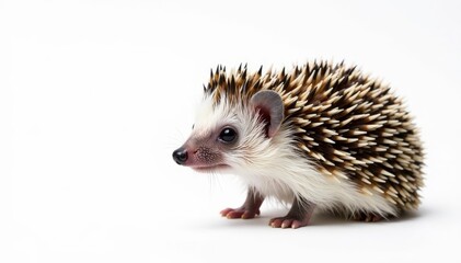 Obraz premium Tiny hedgehog posed on pure white background, curled slightly , wild, studio, closeup