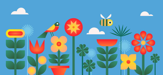 Background decorated with colorful flowers and leaves. Floral, spring and summer banner. Geometric flat vector illustration.