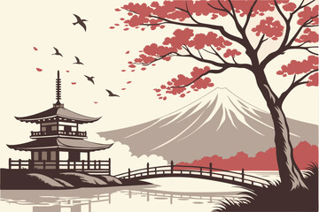 Fototapeta premium 33 Japanese landscape painting, Mount Fuji, tranquil lake, red maple tree, pagoda, misty mountains, birds in flight, traditional wooden bridge, ethereal atmosphere, ink wash style, cherry blossoms, dr