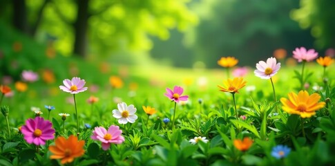 Fototapeta premium Lush green grass with a variety of colorful flowers blooming, serene, grass