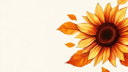 Obraz premium Vibrant Sunflower with Autumn Leaves on a Soft Cream Background for Seasonal Decor and Nature Themes