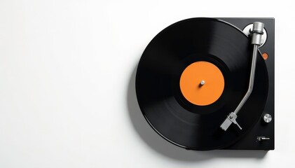 Obraz premium Turntable vinyl record player on white background, top view, spinning, isolated