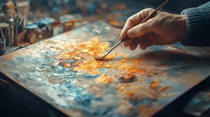 Obraz premium hand of an old woman holding a brush near the canvas painting