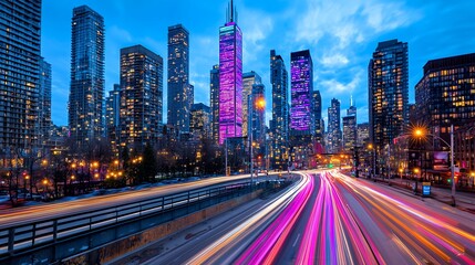 Fototapeta premium Vibrant Cityscape at Dusk with Colorful Skyscrapers and Light Trails from Moving Traffic