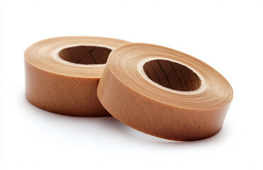 Two rolls of brown packing tape on a white surface in a studio setting with a soft shadow cast