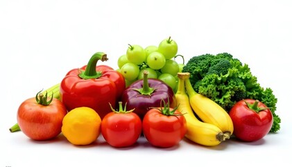 Variety of organic fruits and vegetables isolated on white, produce, eating healthy