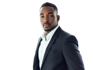 Confident man wearing a suit poses for a professional portrait, cut out
