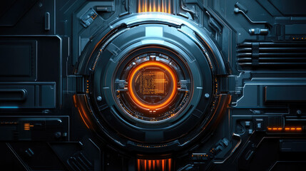 Obraz premium Futuristic circuit patterns with glowing orange and blue elements create high tech, advanced firewall design. intricate details and vibrant colors evoke sense of innovation