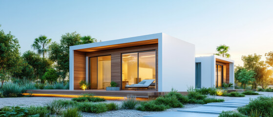 modern, eco friendly house with large glass windows is surrounded by lush greenery and clear blue sky, showcasing sustainable architecture and renewable energy solutions