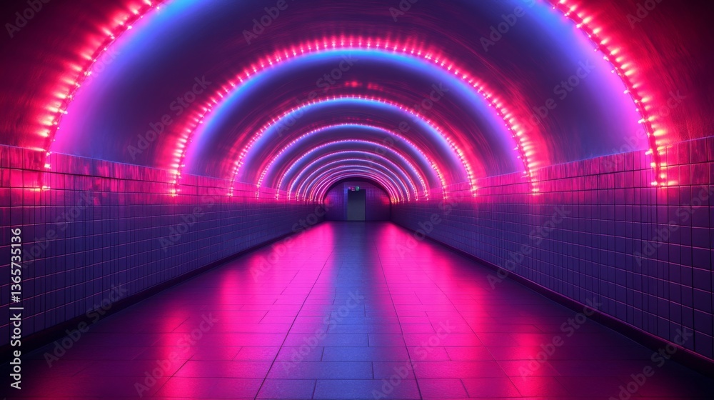 Poster Vibrant tunnel in an urban subway system features glowing neon lights in pink and blue, highlighting the modern architecture and enhancing the commuter experience in metropolitan transit areas.