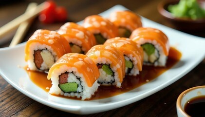 Various sushi rolls on white plate, soy sauce, wasabi, seafood, fish