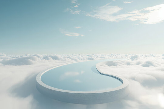 Pool in clouds: A serene infinity pool perched high above, offering a breathtaking view of fluffy white clouds merging with a distant horizon. - Powered by Adobe