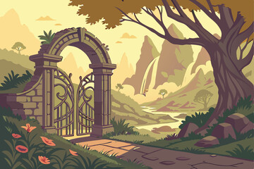 34 Fantasy landscape, ornate stone archway, mystical portal, lush gardens, magical realm, distant mountains, fairy tale setting, golden sunlight, enchanted forest, hidden waterfalls, dream-like atmosp