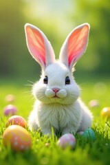Easter bunny ears with eggs scattered around them in a sunny meadow, floral background, spring flowers