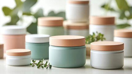 Elegant cosmetic jars with renewable cardboard lids are displayed, showcasing sustainable design and eco conscious production. jars are set against blurred natural background