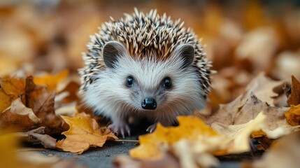 Fototapeta premium Hedgehog with Spiky Fur in a Colorful Autumn Leaf Landscape Captured in Soft Natural Light