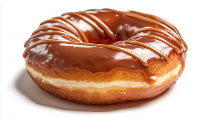 A single chocolate-glazed donut with caramel drizzle, casting a soft shadow on a white backdrop.