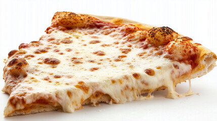 A single pizza slice lifted, gooey cheese dripping, crisp crust visible against a white backdrop.