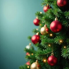 Evergreen Christmas tree with sparkling ornaments and twinkling lights , baubles, festive decoration
