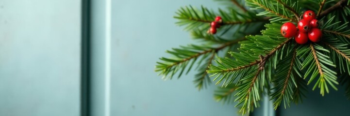 Freshly cut evergreen branch with red berries hanging on a wall or door , Door decoration, Wall decor
