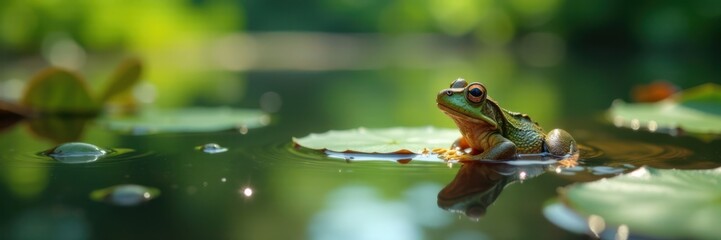 Fototapeta premium Frog's-eye view of a serene pond, reflection, calm