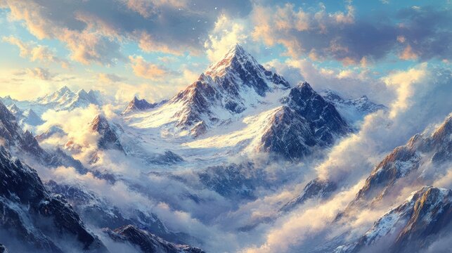 Kunlun Mountains Landscape. Majestic Skyline with Snow-Capped Peaks and Cloudy Horizon