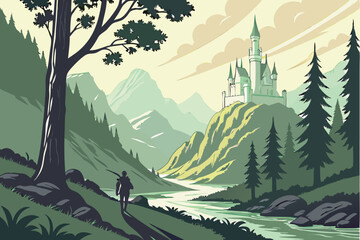 35 Fantasy landscape, towering stone spires, lush green trees, winding river, distant white castle, misty mountains, sunlit clouds, vibrant colors, epic scale, magical atmosphere, lone traveler silhou © Manik Mia